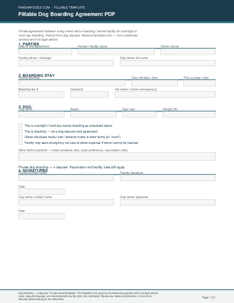 Fillable Dog Boarding Agreement PDF preview thumbnail