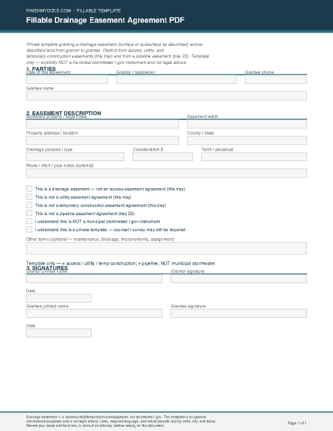 Fillable Drainage Easement Agreement PDF preview thumbnail