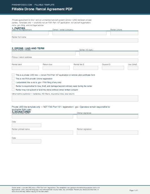 Fillable Drone Rental Agreement PDF preview thumbnail