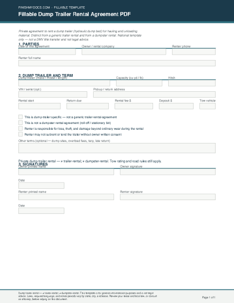 Fillable Dump Trailer Rental Agreement PDF preview thumbnail