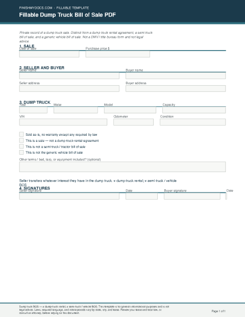 Fillable Dump Truck Bill of Sale PDF preview thumbnail