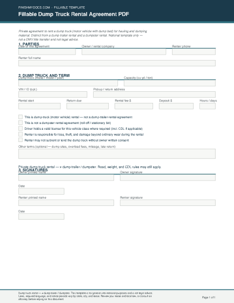 Fillable Dump Truck Rental Agreement PDF preview thumbnail