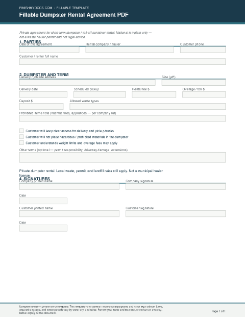 Fillable Dumpster Rental Agreement PDF preview thumbnail