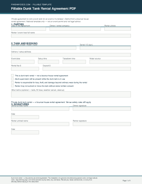 Fillable Dunk Tank Rental Agreement PDF preview thumbnail