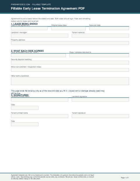 Fillable Early Lease Termination Agreement PDF preview thumbnail