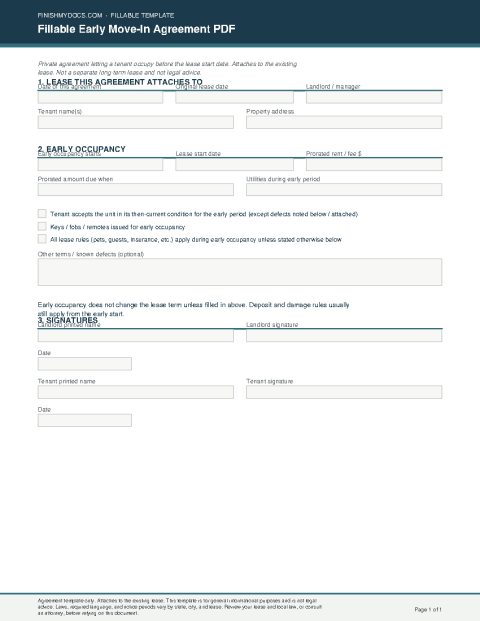 Fillable Early Move-In Agreement PDF preview thumbnail