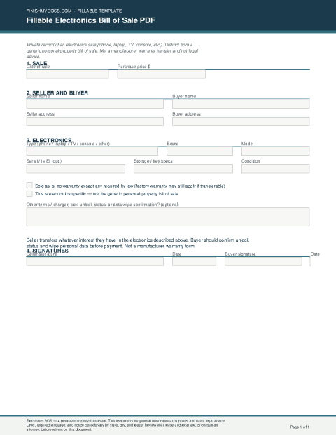 Fillable Electronics Bill of Sale PDF preview thumbnail