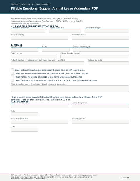 Fillable Emotional Support Animal Lease Addendum PDF preview thumbnail