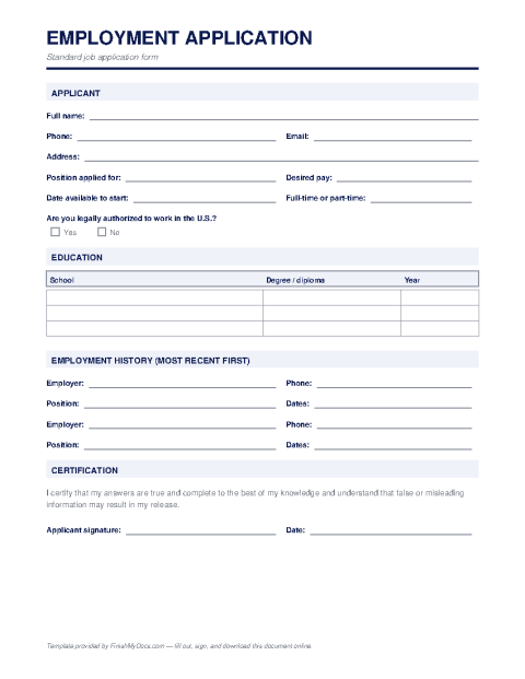Employment Application Form preview