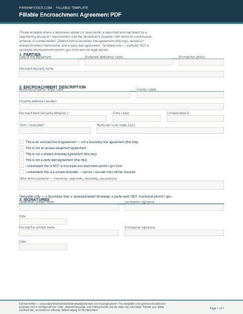 Fillable Encroachment Agreement PDF preview thumbnail