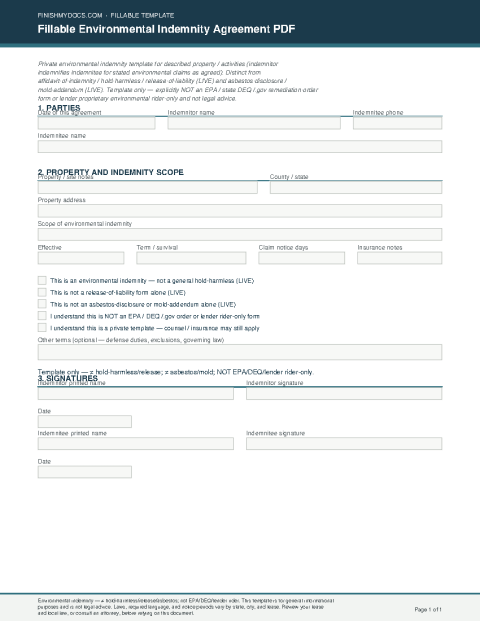 Fillable Environmental Indemnity Agreement PDF preview thumbnail