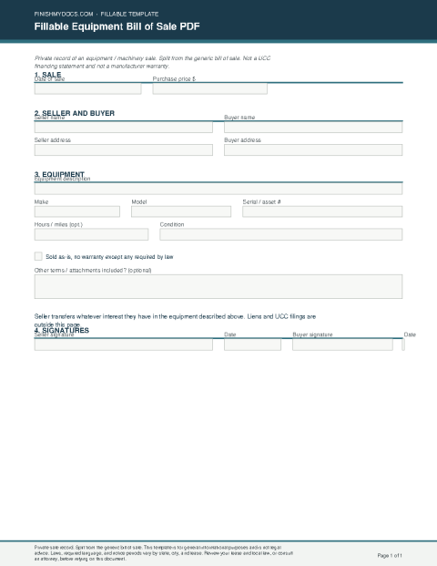 Fillable Equipment Bill of Sale PDF preview thumbnail