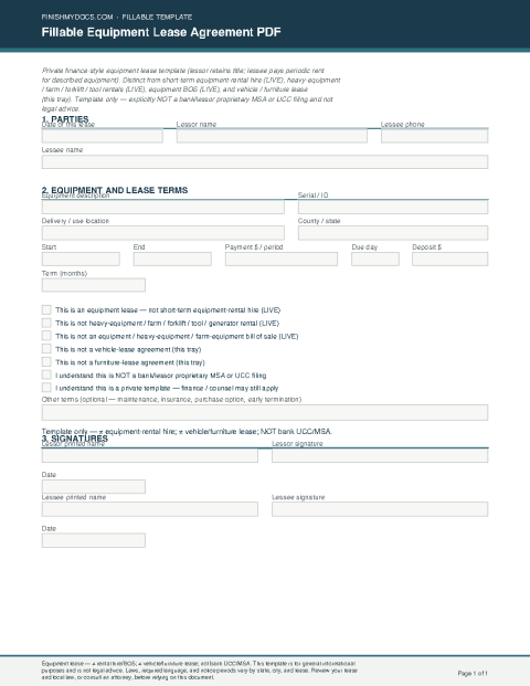 Fillable Equipment Lease Agreement PDF preview thumbnail