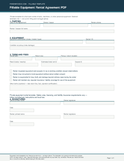 Fillable Equipment Rental Agreement PDF preview thumbnail