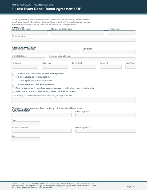 Fillable Event Decor Rental Agreement PDF preview thumbnail