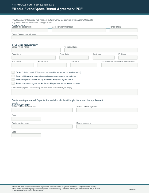 Fillable Event Space Rental Agreement PDF preview thumbnail