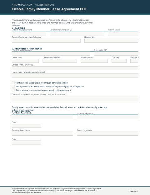 Fillable Family Member Lease Agreement PDF preview thumbnail