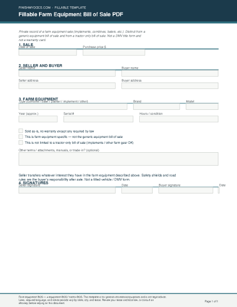 Fillable Farm Equipment Bill of Sale PDF preview thumbnail