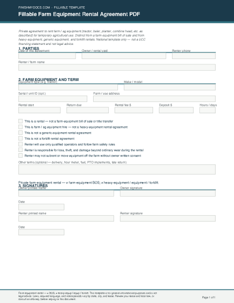 Fillable Farm Equipment Rental Agreement PDF preview thumbnail