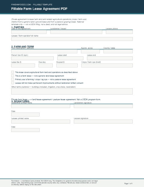 Fillable Farm Lease Agreement PDF preview thumbnail