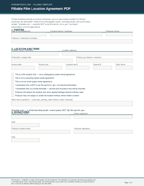 Fillable Film Location Agreement PDF preview thumbnail