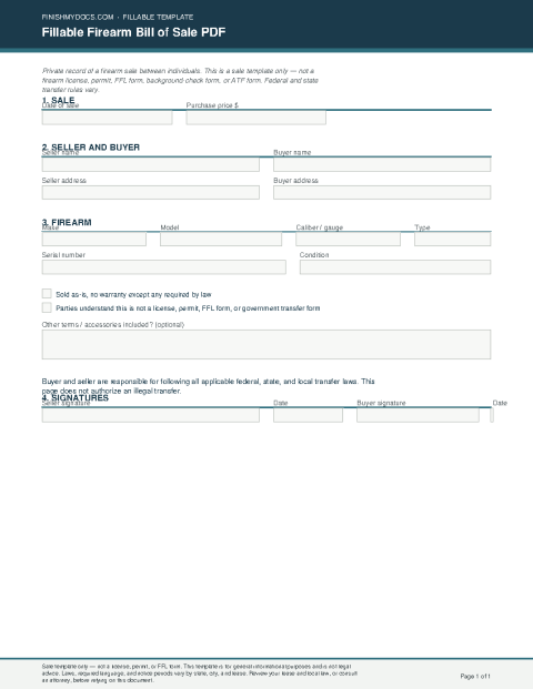 Fillable Firearm Bill of Sale PDF preview thumbnail