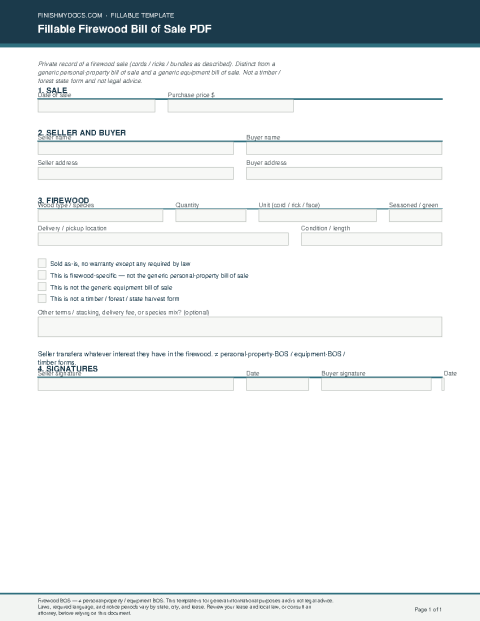 Fillable Firewood Bill of Sale PDF preview thumbnail