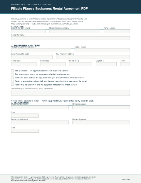 Fillable Fitness Equipment Rental Agreement PDF preview thumbnail