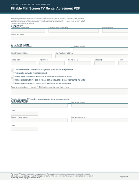 Fillable Flat Screen TV Rental Agreement PDF preview thumbnail