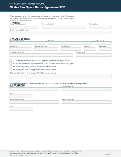 Fillable Flex Space Rental Agreement PDF preview thumbnail