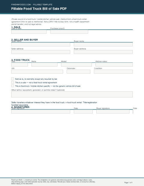 Fillable Food Truck Bill of Sale PDF preview thumbnail