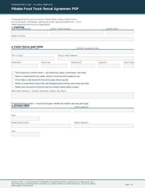 Fillable Food Truck Rental Agreement PDF preview thumbnail