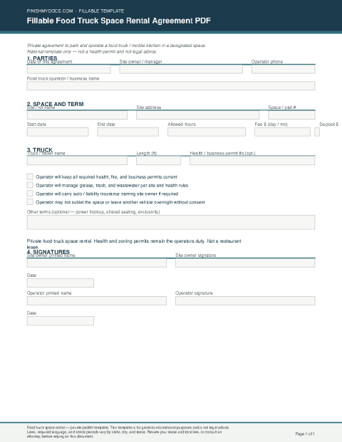 Fillable Food Truck Space Rental Agreement PDF preview thumbnail