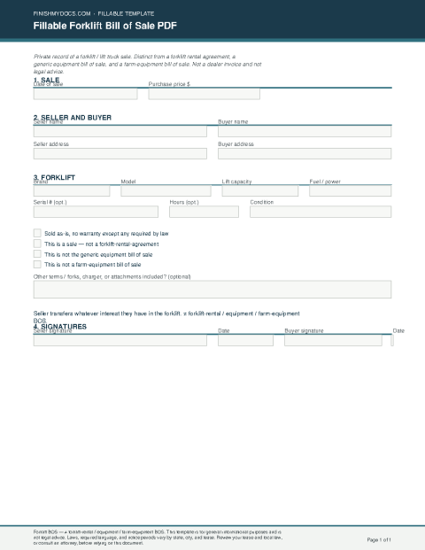 Fillable Forklift Bill of Sale PDF preview thumbnail