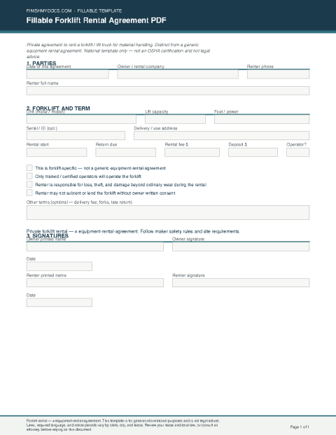 Fillable Forklift Rental Agreement PDF preview thumbnail