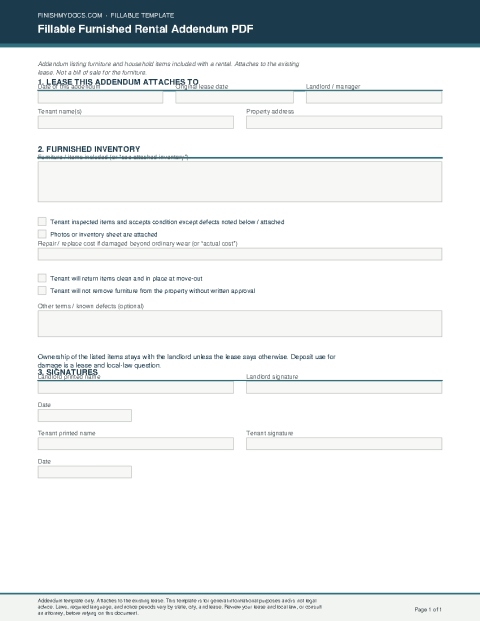 Fillable Furnished Rental Addendum PDF preview thumbnail