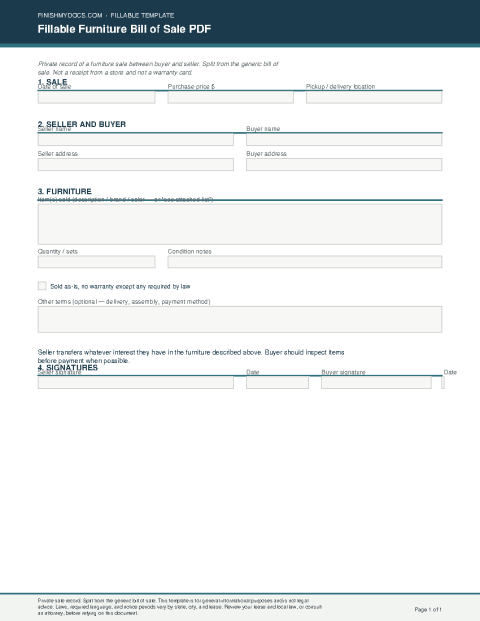 Fillable Furniture Bill of Sale PDF preview thumbnail
