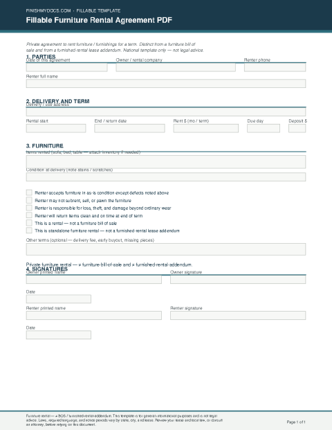 Fillable Furniture Rental Agreement PDF preview thumbnail