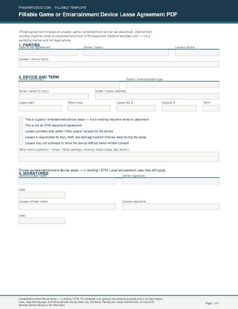 Fillable Game or Entertainment Device Lease Agreement PDF preview thumbnail