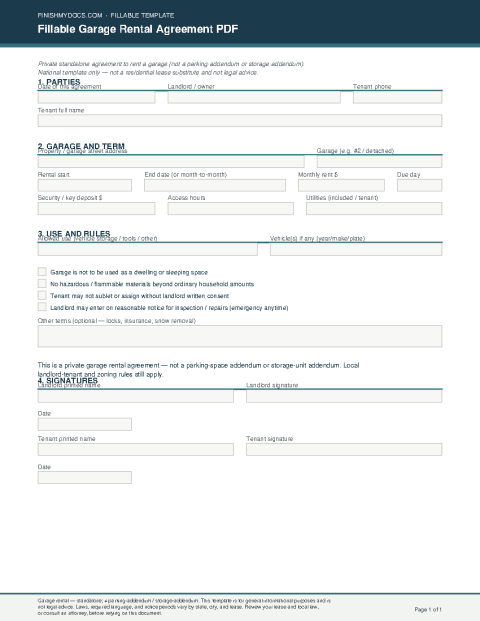 Fillable Garage Rental Agreement PDF preview thumbnail