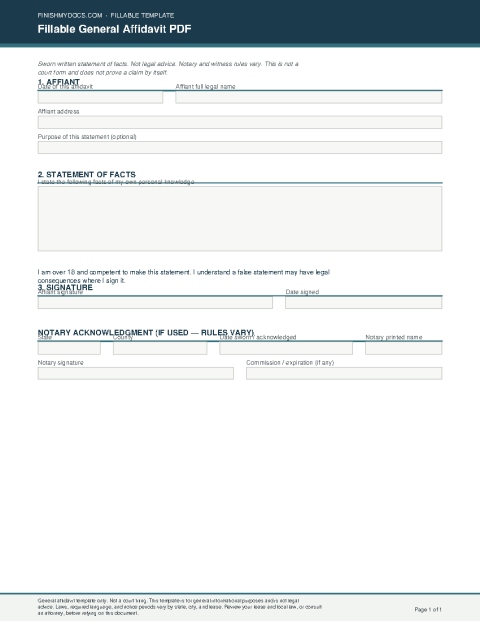 Fillable General Affidavit PDF preview thumbnail