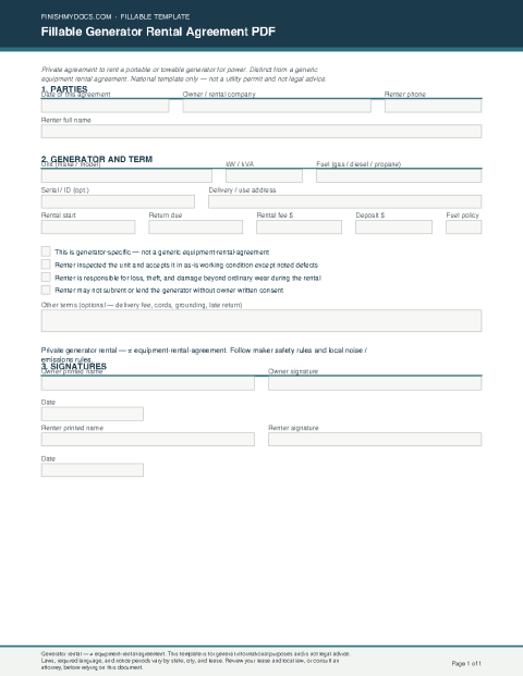 Fillable Generator Rental Agreement PDF preview thumbnail