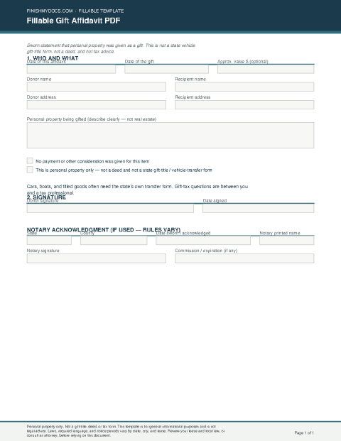 Fillable Gift Affidavit PDF preview thumbnail