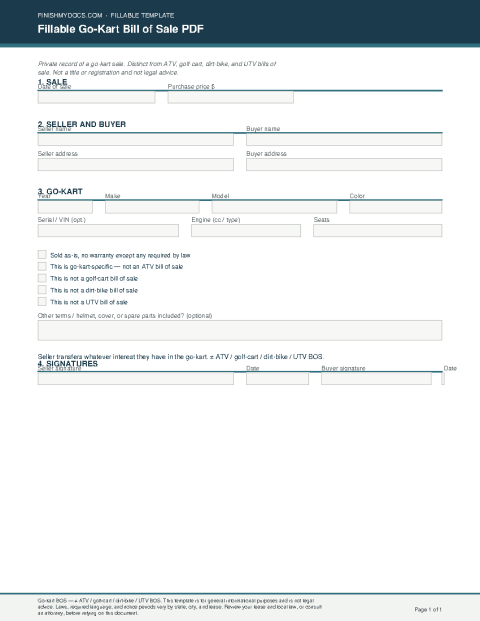 Fillable Go-Kart Bill of Sale PDF preview thumbnail