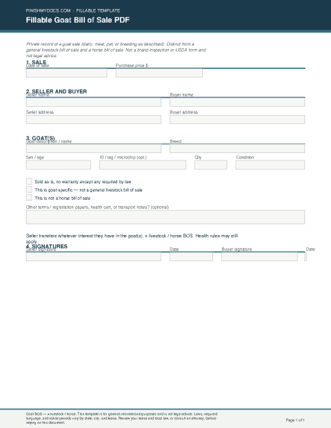 Fillable Goat Bill of Sale PDF preview thumbnail