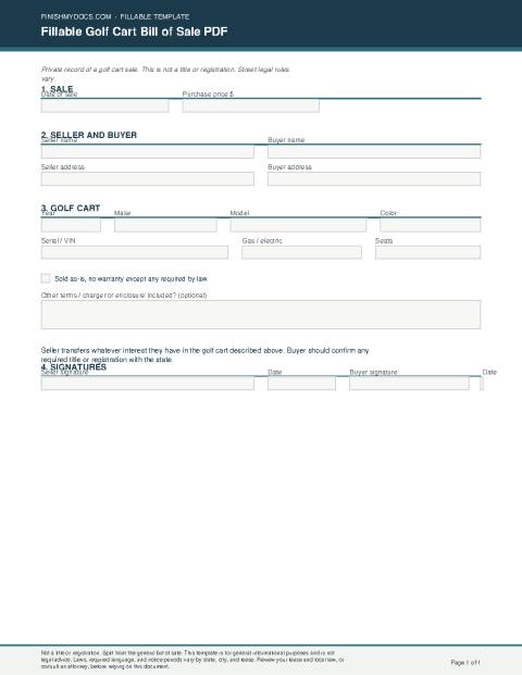 Fillable Golf Cart Bill of Sale PDF preview thumbnail