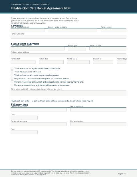 Fillable Golf Cart Rental Agreement PDF preview thumbnail