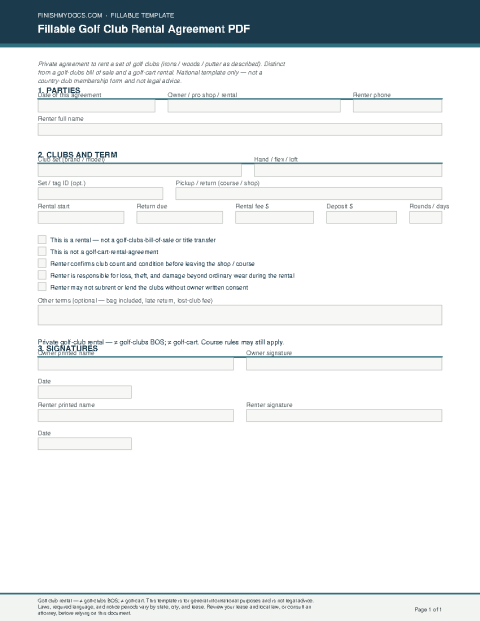 Fillable Golf Club Rental Agreement PDF preview thumbnail