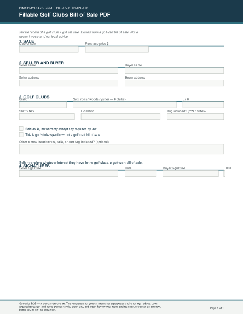 Fillable Golf Clubs Bill of Sale PDF preview thumbnail