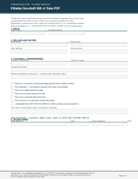 Fillable Goodwill Bill of Sale PDF preview thumbnail